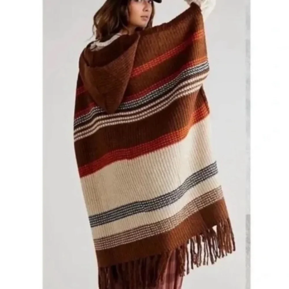 Free People Women's Sweater Leslie Oversized Hooded Canyon Combo Poncho NWT
